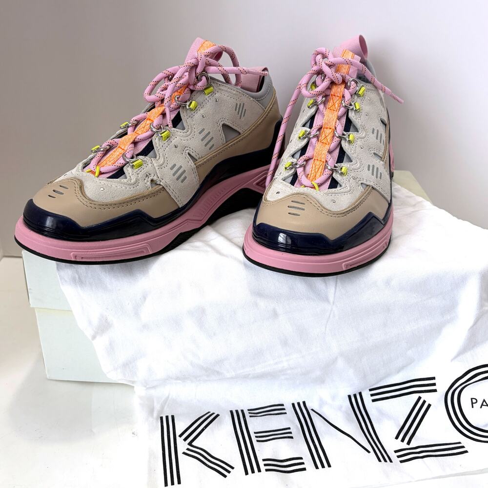 NWT Kenzo Klimb Suede Leather Sneakers Blanc EU 39 Pink Beige Shoes Box Dust Bag